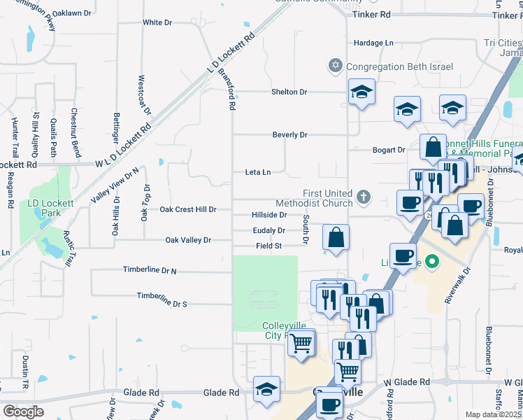 map of restaurants, bars, coffee shops, grocery stores, and more near 516 Hillside Drive in Colleyville