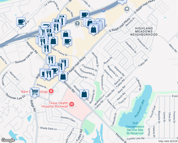 map of restaurants, bars, coffee shops, grocery stores, and more near 154 Summerhill Drive in Rockwall