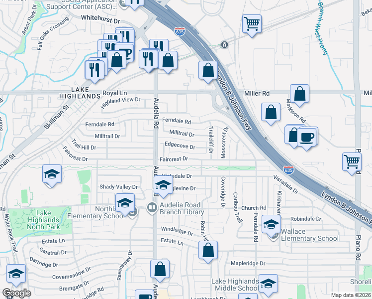 map of restaurants, bars, coffee shops, grocery stores, and more near 9936 Edgecove Drive in Dallas