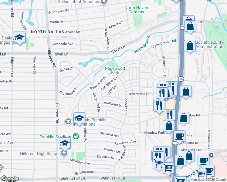 map of restaurants, bars, coffee shops, grocery stores, and more near 10536 Egret Lane in Dallas