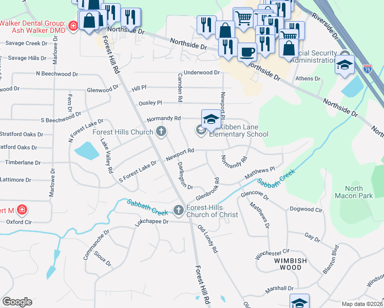 map of restaurants, bars, coffee shops, grocery stores, and more near 969 Newport Road in Macon