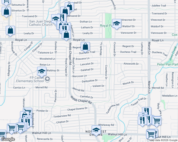 map of restaurants, bars, coffee shops, grocery stores, and more near 3316 Galahad Drive in Dallas