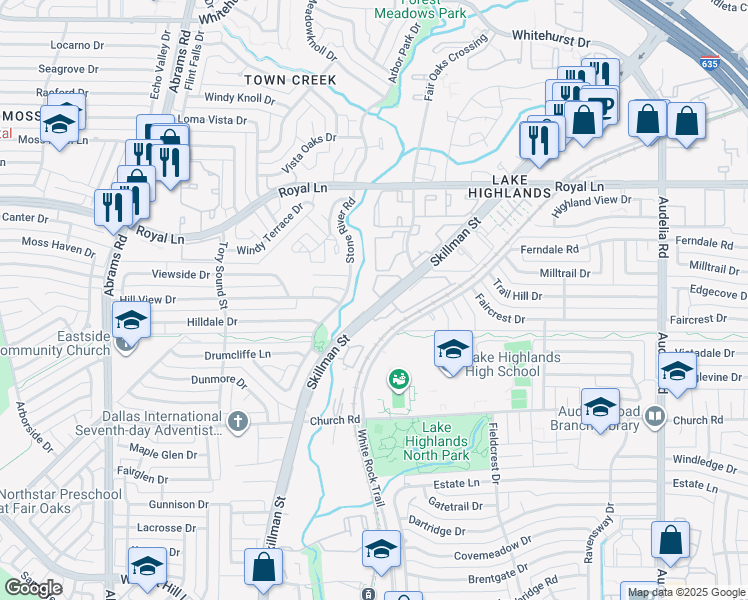 map of restaurants, bars, coffee shops, grocery stores, and more near 7979 Skillman Street in Dallas