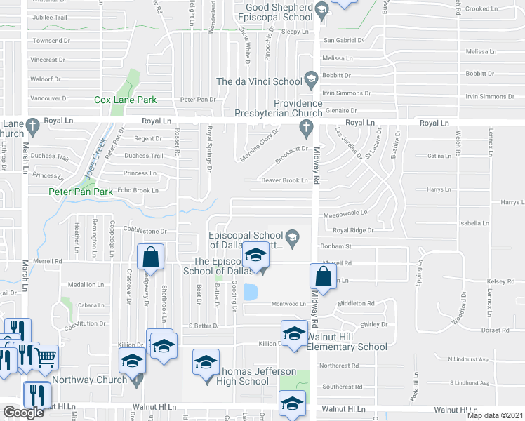 map of restaurants, bars, coffee shops, grocery stores, and more near 4107 Meadowdale Lane in Dallas