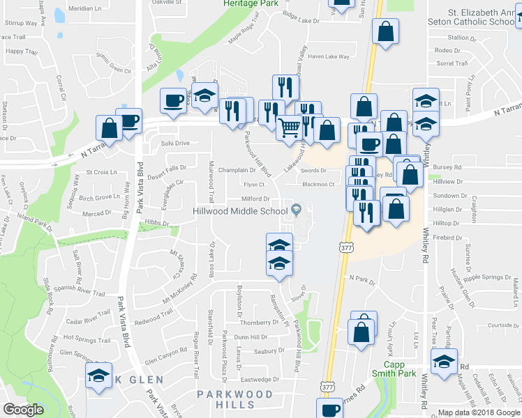 map of restaurants, bars, coffee shops, grocery stores, and more near 5525 Bandelier Trail in Fort Worth