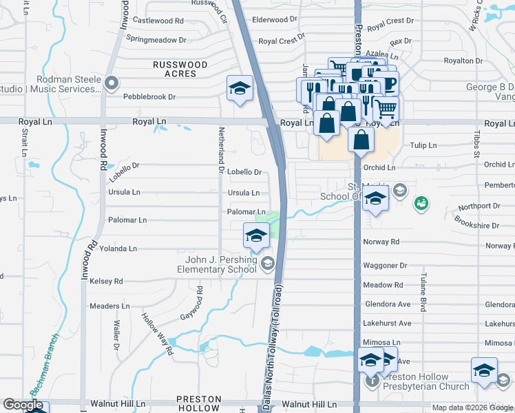 map of restaurants, bars, coffee shops, grocery stores, and more near 5609 Palomar Lane in Dallas