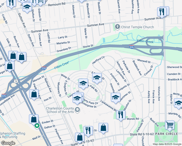 map of restaurants, bars, coffee shops, grocery stores, and more near 5264 East Dolphin Street in North Charleston