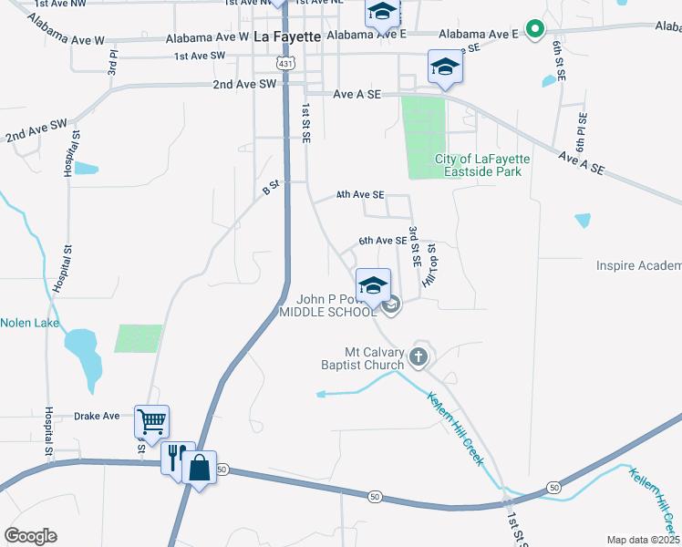 map of restaurants, bars, coffee shops, grocery stores, and more near 1st Court Southeast in La Fayette