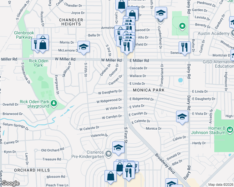 map of restaurants, bars, coffee shops, grocery stores, and more near 106 West Daugherty Drive in Garland