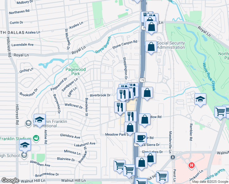 map of restaurants, bars, coffee shops, grocery stores, and more near 7879 Riverfall Drive in Dallas