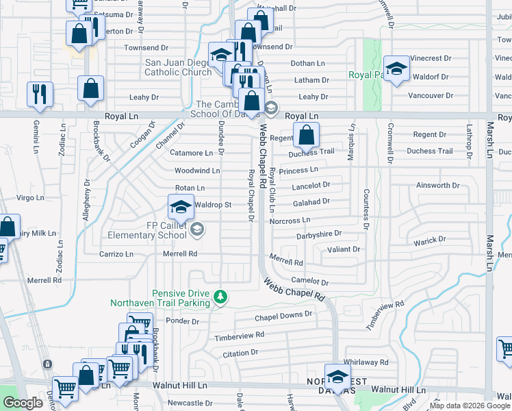 map of restaurants, bars, coffee shops, grocery stores, and more near 3227 Waldrop Street in Dallas