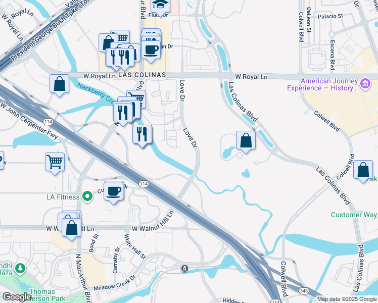map of restaurants, bars, coffee shops, grocery stores, and more near 6103 Love Dr in Irving