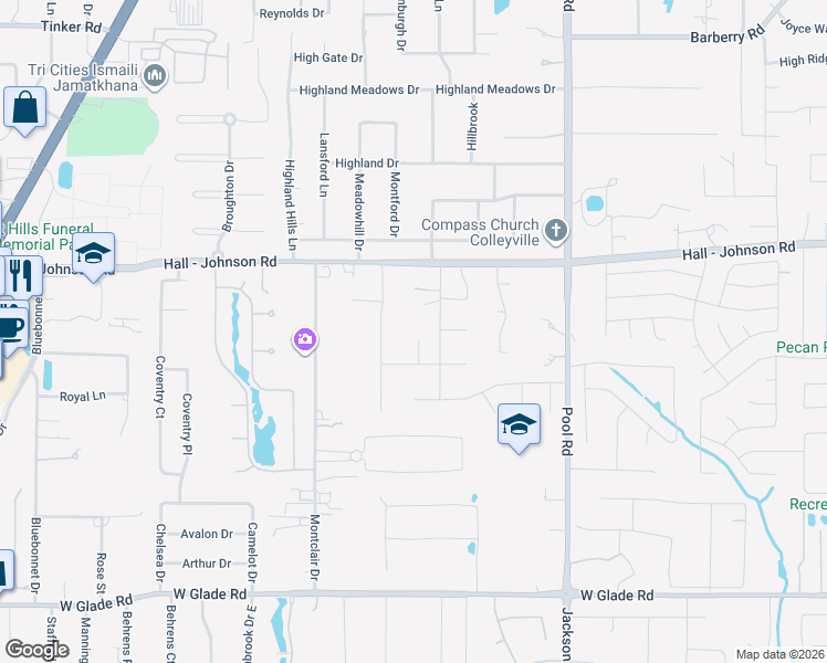 map of restaurants, bars, coffee shops, grocery stores, and more near 5606 Poplar Court in Colleyville