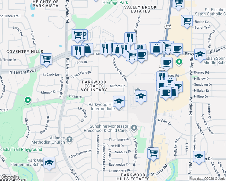 map of restaurants, bars, coffee shops, grocery stores, and more near 5505 Bandelier Trail in Fort Worth