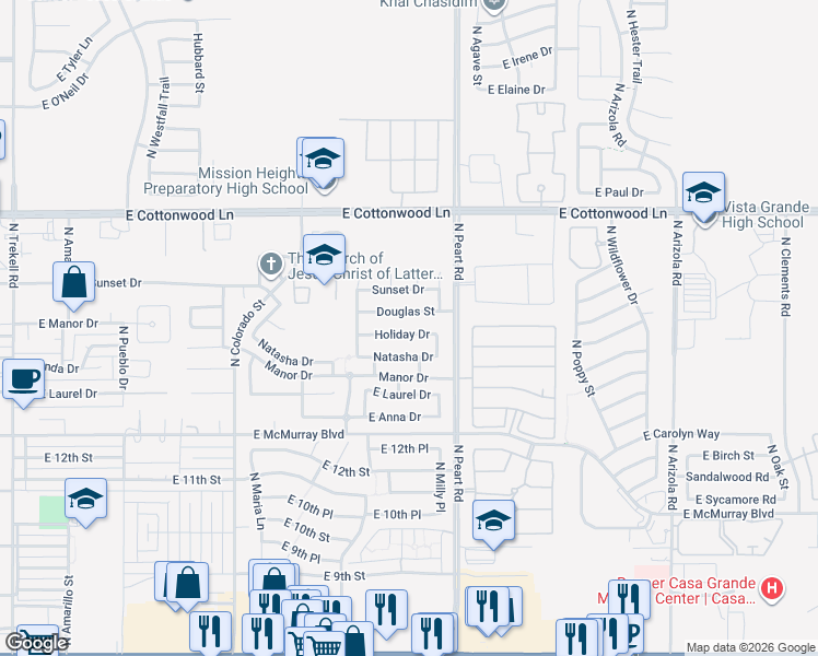 map of restaurants, bars, coffee shops, grocery stores, and more near 1460 Holiday Drive in Casa Grande