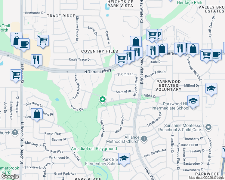map of restaurants, bars, coffee shops, grocery stores, and more near 5101 Merced Dr in Fort Worth