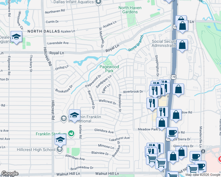 map of restaurants, bars, coffee shops, grocery stores, and more near 10535 Ravenscroft Drive in Dallas