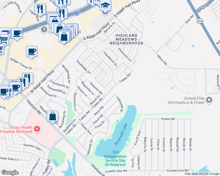 map of restaurants, bars, coffee shops, grocery stores, and more near 208 Dartmouth Dr in Rockwall