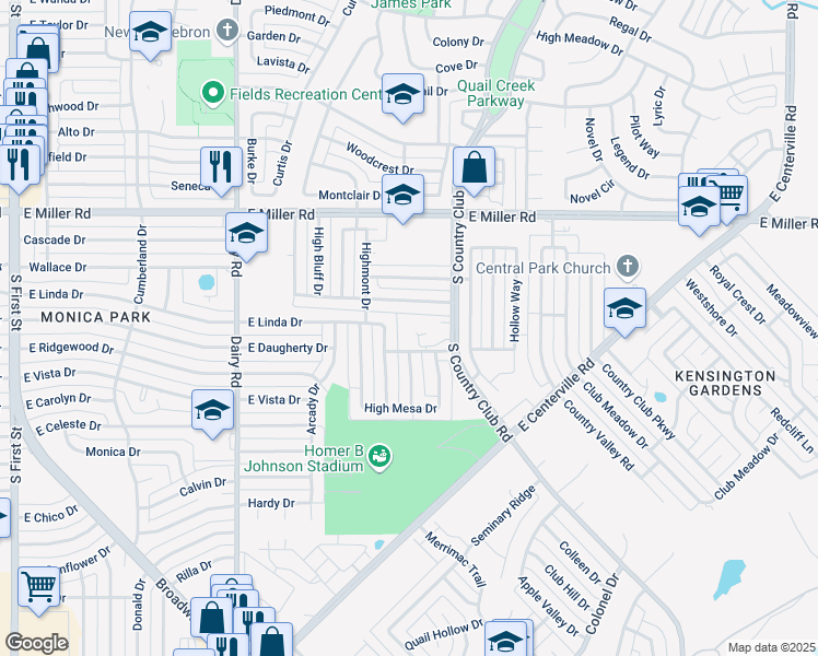 map of restaurants, bars, coffee shops, grocery stores, and more near 2351 South Country Club Road in Garland