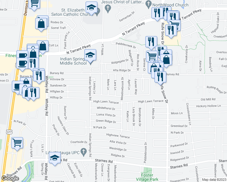 map of restaurants, bars, coffee shops, grocery stores, and more near 8205 Lara Lane in Watauga