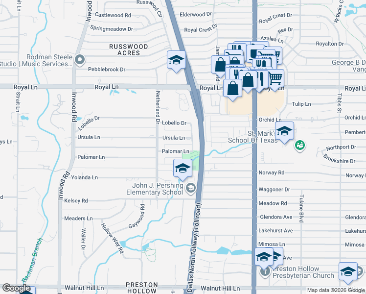 map of restaurants, bars, coffee shops, grocery stores, and more near 5609 Palomar Lane in Dallas