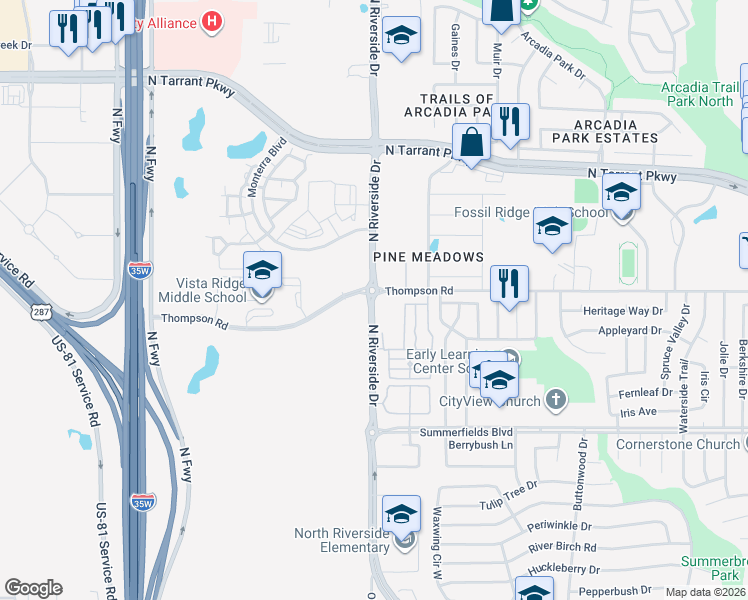 map of restaurants, bars, coffee shops, grocery stores, and more near 8134 Old Denton Road in Fort Worth
