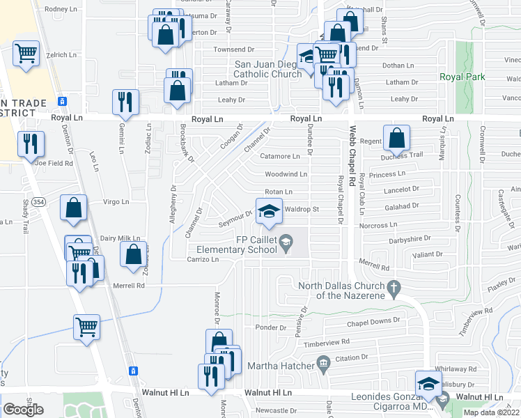 map of restaurants, bars, coffee shops, grocery stores, and more near 3028 Seymour Drive in Dallas