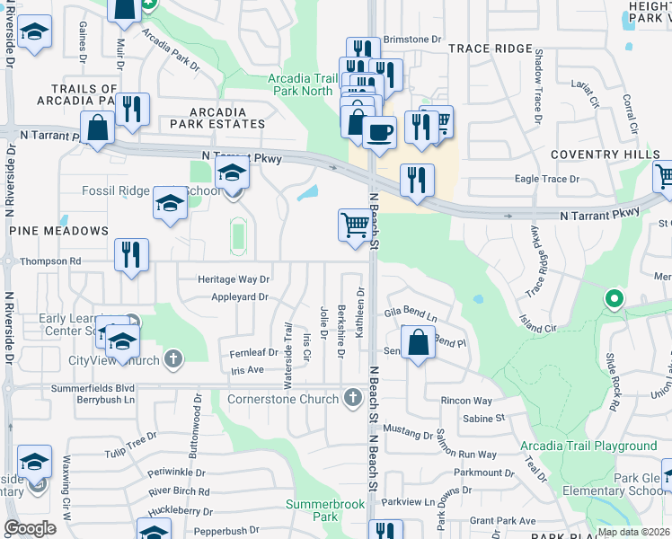 map of restaurants, bars, coffee shops, grocery stores, and more near 4421 Berkshire Drive East in Fort Worth