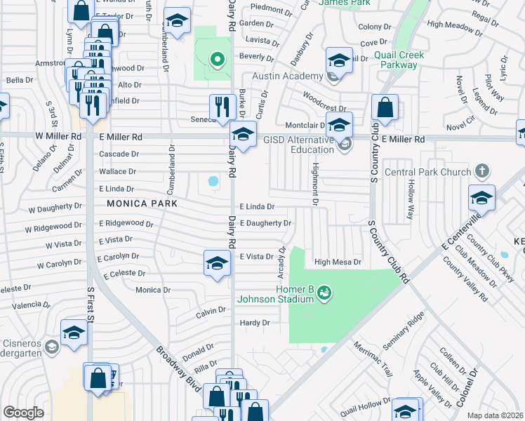 map of restaurants, bars, coffee shops, grocery stores, and more near 830 East Linda Drive in Garland