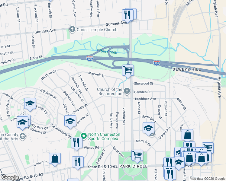 map of restaurants, bars, coffee shops, grocery stores, and more near 5140 Conway Street in North Charleston