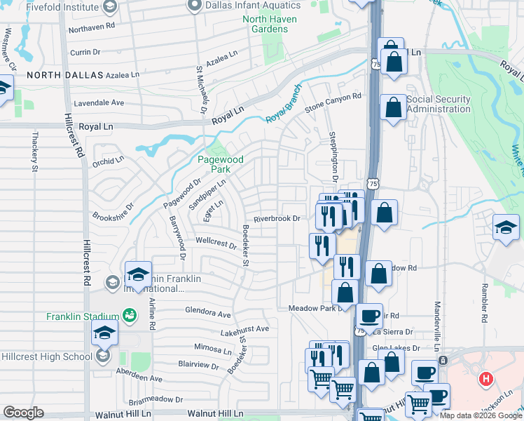 map of restaurants, bars, coffee shops, grocery stores, and more near 7618 Pebblestone Drive in Dallas