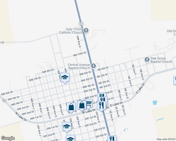 map of restaurants, bars, coffee shops, grocery stores, and more near 631 Northwest Avenue A in Hamlin