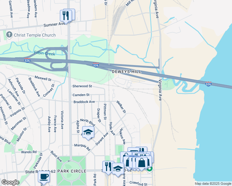 map of restaurants, bars, coffee shops, grocery stores, and more near 5126 Hyde Park Village Lane in North Charleston