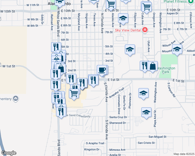 map of restaurants, bars, coffee shops, grocery stores, and more near 100 Texas Ave in Alamogordo