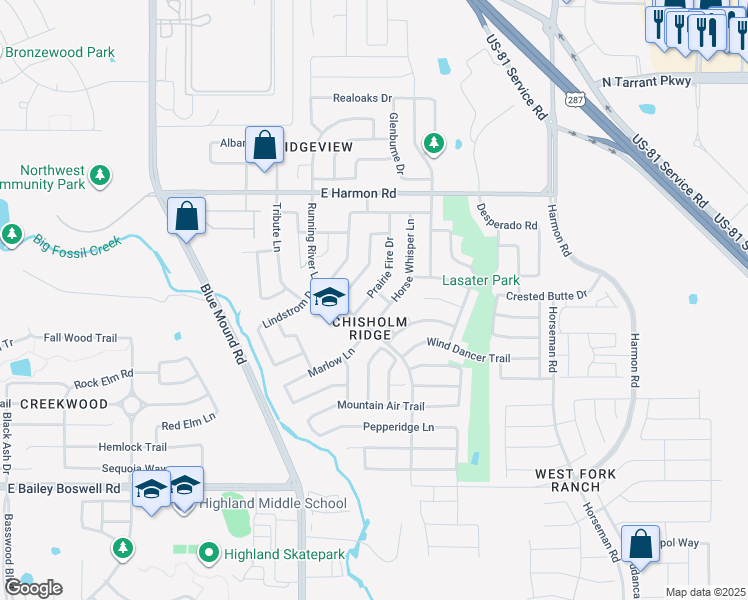 map of restaurants, bars, coffee shops, grocery stores, and more near 8420 Prairie Fire Drive in Fort Worth