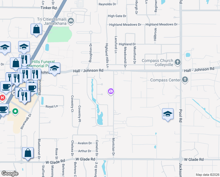 map of restaurants, bars, coffee shops, grocery stores, and more near 5508 Montclair Drive in Colleyville