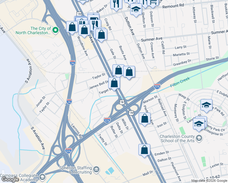map of restaurants, bars, coffee shops, grocery stores, and more near 5267 Rivers Avenue in North Charleston