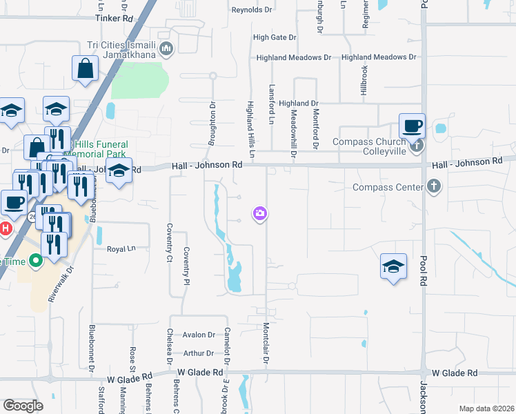 map of restaurants, bars, coffee shops, grocery stores, and more near 5508 Montclair Drive in Colleyville