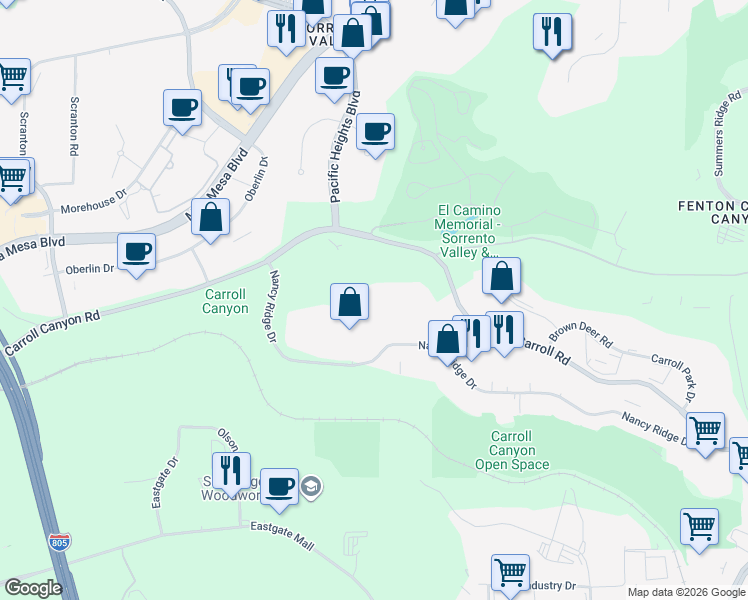 map of restaurants, bars, coffee shops, grocery stores, and more near 6118 Nancy Ridge Drive in San Diego