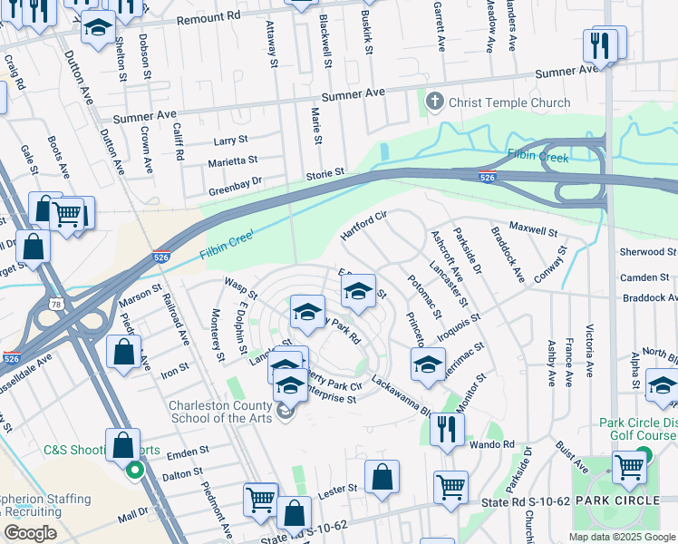 map of restaurants, bars, coffee shops, grocery stores, and more near 5264 East Dolphin Street in North Charleston