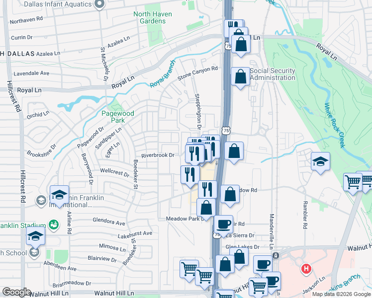 map of restaurants, bars, coffee shops, grocery stores, and more near 7879 Riverfall Drive in Dallas