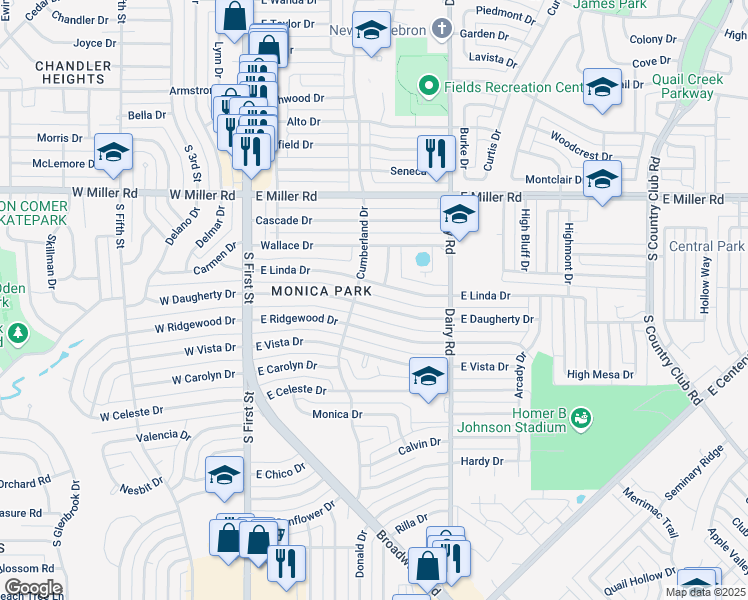 map of restaurants, bars, coffee shops, grocery stores, and more near 515 East Daugherty Drive in Garland