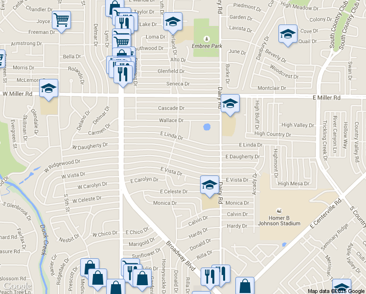 map of restaurants, bars, coffee shops, grocery stores, and more near 515 East Daugherty Drive in Garland