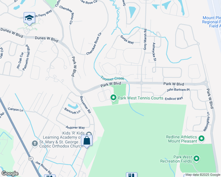 map of restaurants, bars, coffee shops, grocery stores, and more near 3532 Bagley Drive in Mount Pleasant