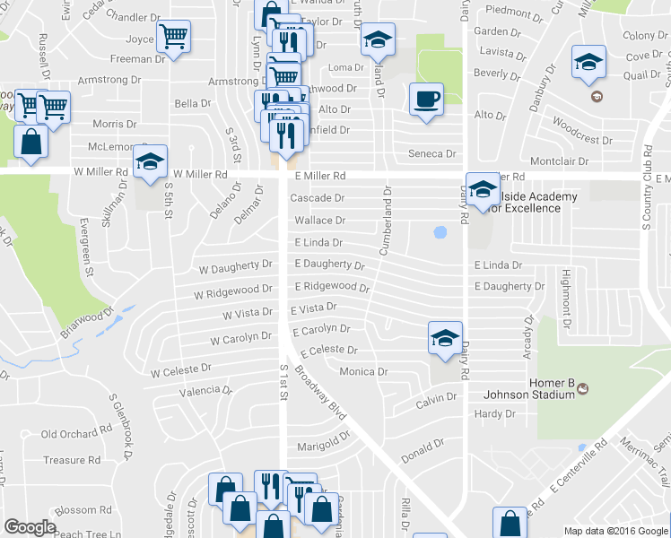 map of restaurants, bars, coffee shops, grocery stores, and more near 222 East Daugherty Drive in Garland