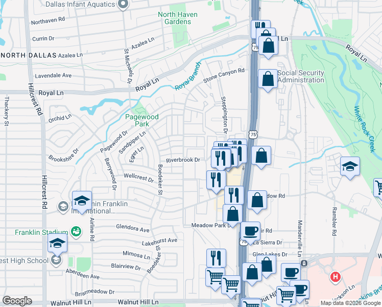 map of restaurants, bars, coffee shops, grocery stores, and more near 10570 Stone Canyon Road in Dallas