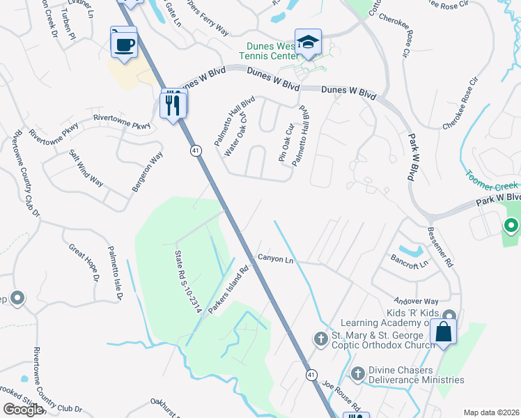 map of restaurants, bars, coffee shops, grocery stores, and more near 3025 Nehamiah Road in Mount Pleasant