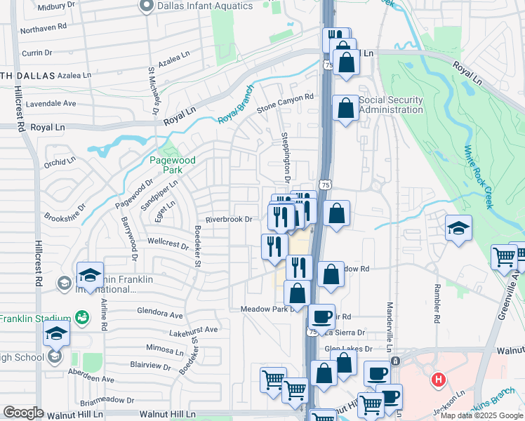 map of restaurants, bars, coffee shops, grocery stores, and more near 10580 High Hollows Drive in Dallas