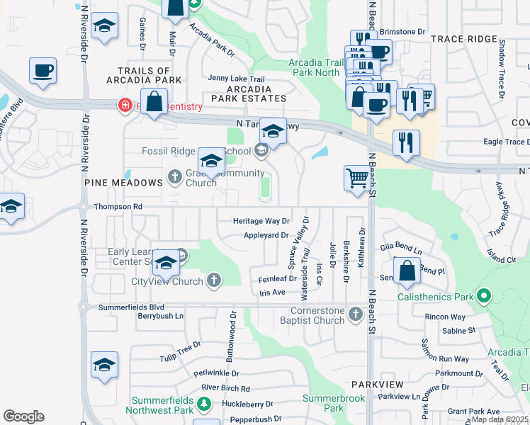 map of restaurants, bars, coffee shops, grocery stores, and more near 4137 Heritage Way Drive in Fort Worth