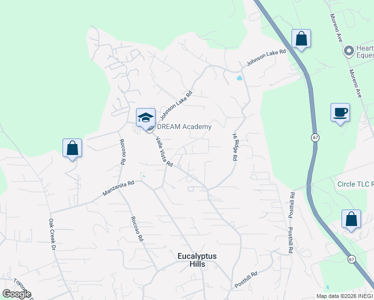 map of restaurants, bars, coffee shops, grocery stores, and more near 11669 Valle Vista Road in Lakeside